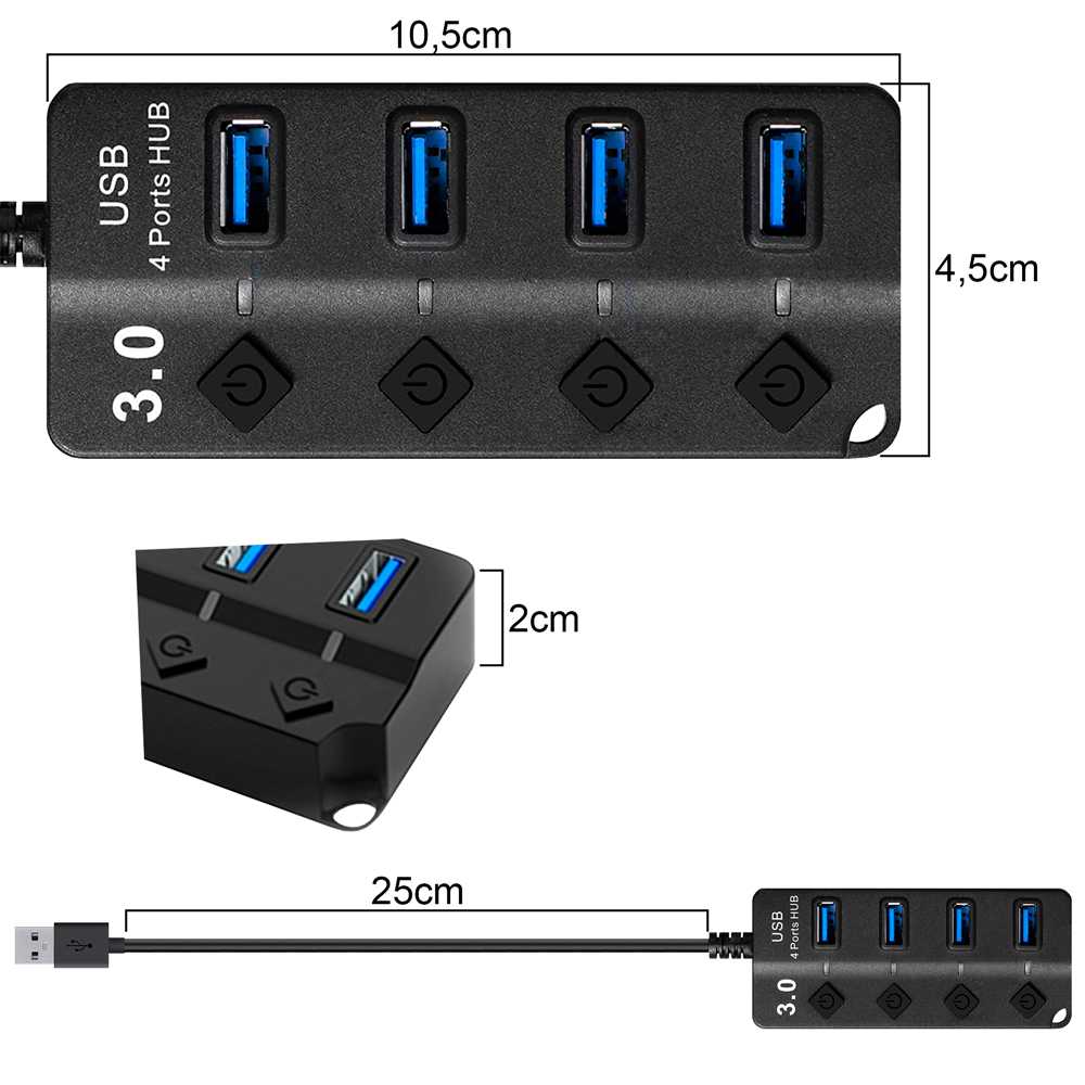 Hub Adaptador 4 Tomas USB 3.0 Botones ON/OFF Negro para PC Ordenador Portatil Interruptores Independientes con Luz LED - Imagen 3